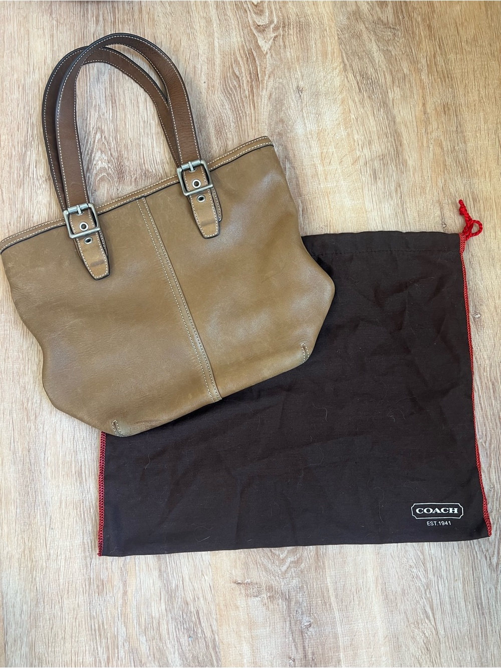 Coach Brown Tan Leather Tote with Dark Brown Straps
